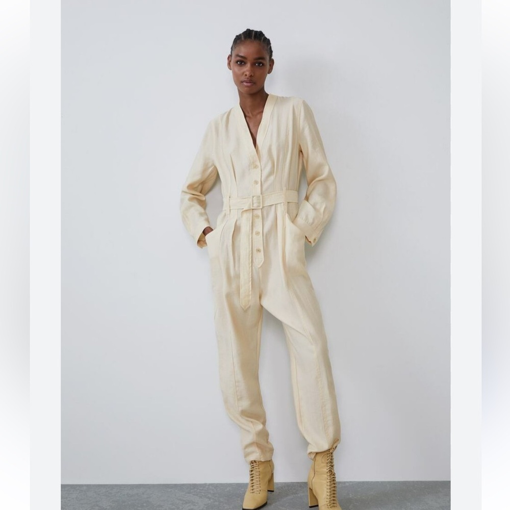 Zara LONG BELTED JUMPSUIT Cream 7385/311